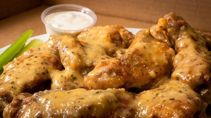 Chicken wings coated in a creamy sauce with herbs, served with celery sticks and ranch dip.