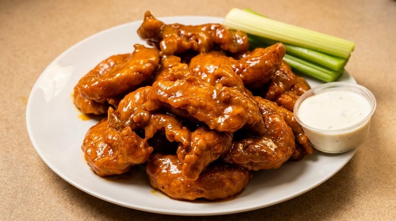 A plate of saucy boneless chicken wings with celery sticks and a side of ranch dressing.